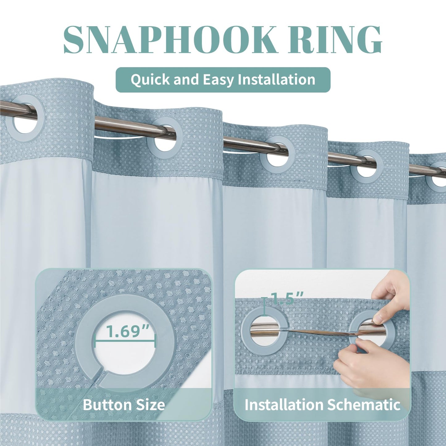 eachope Teal Hook Waffle Weave Shower Curtain with snap-in Liner Replacement, 230GSM Waterproof Fabric Hotel Shower Curtain Set for Bathroom, Through Mesh Top Window,71Wx74H