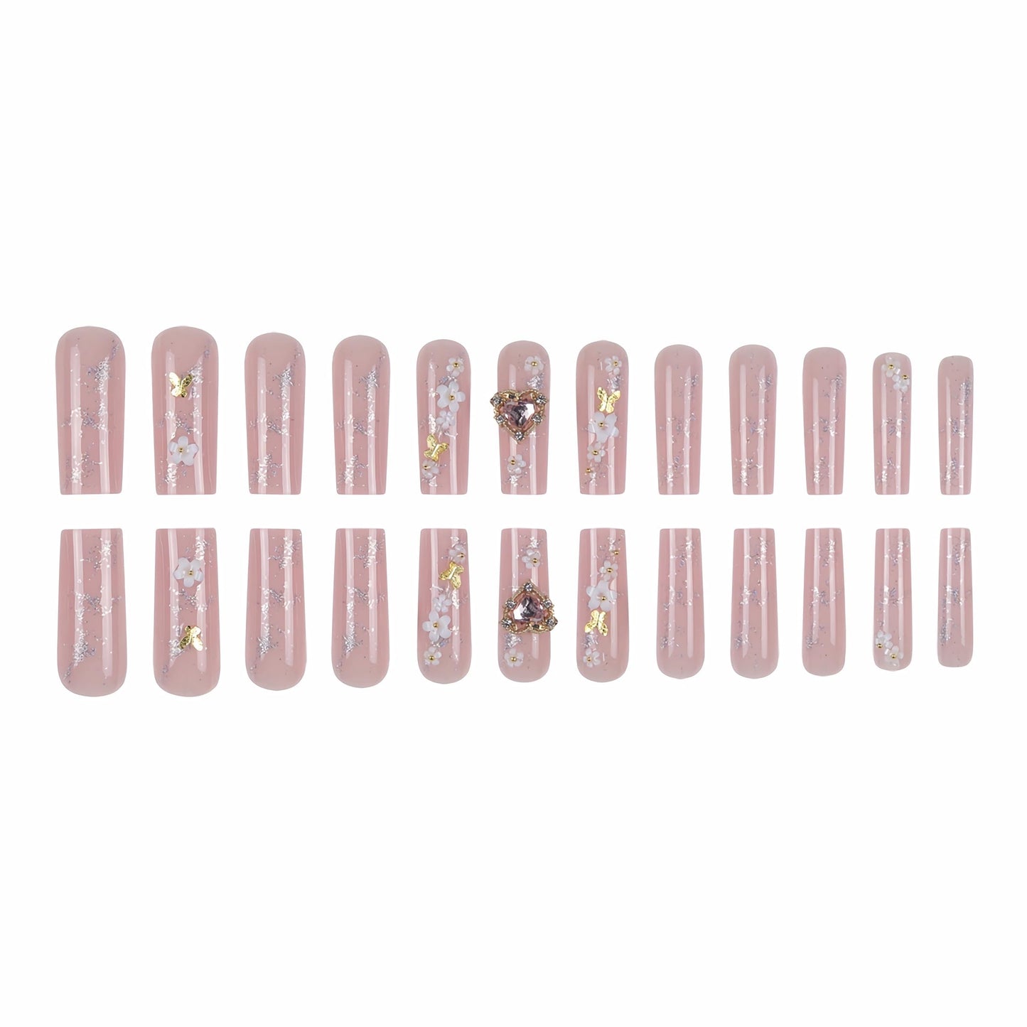 MERVF Long Press on Nails Square Fake Nails 3D Flower Glue ons Gold Butterfly Charms Squoval Acrylic Nail Glitter Manicure Glossy 24pcs