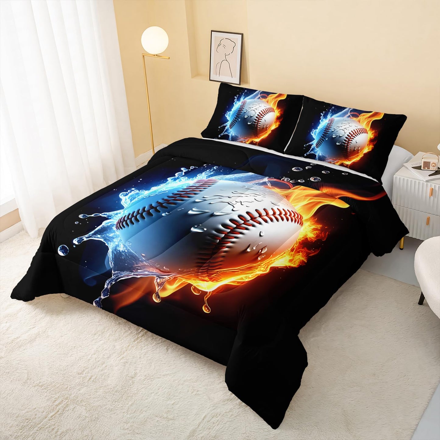 QOOMO 3Pcs Baseball Comforter Set Twin,Fire and Water Bedding Set for Teens Boys Girls,Sports Printed Comforter with 2 Pillowcases,Down Alternative,Soft and Lightweight