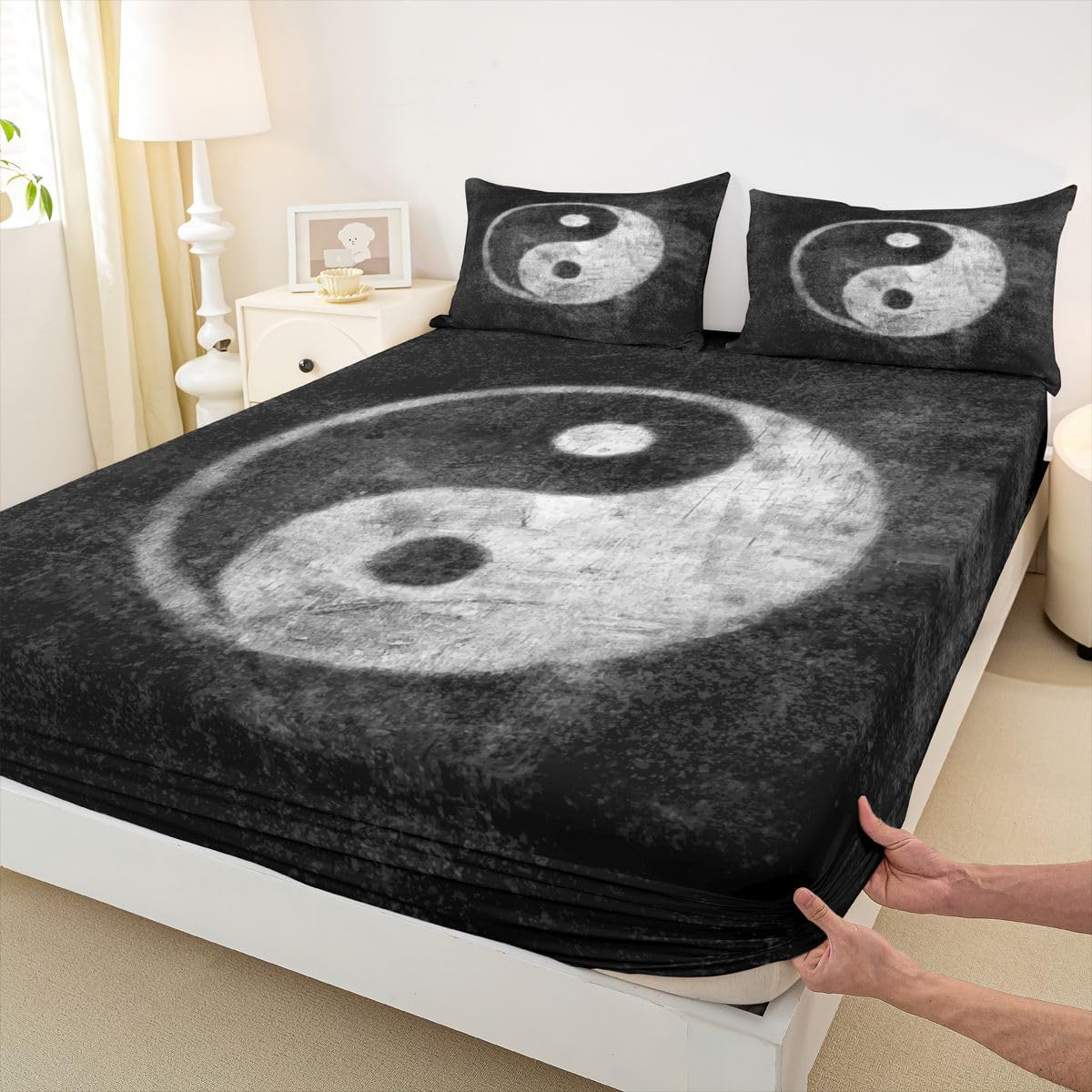 Yin Yang Bedding Set for Girls Boys Children Boho Trippy Psychedelic Art Fitted Sheet Decorative Gossip Pattern Bed Sheet Set Traditional Ying Yang Theme Bed Cover No Flat Sheet Twin Size 2Pcs