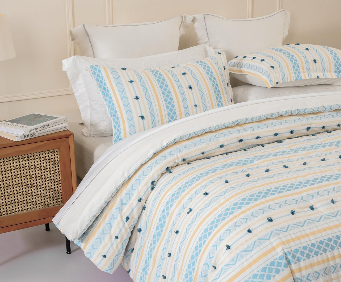 SLEEPBELLA Washed Double Layer Muslin 100% Cotton Comforter Set King Size, Yellow Blue Boho Fluffy Thick Checked Bedding Set, Soft Breathable (1 Comforter, 2 Pillow Shams)