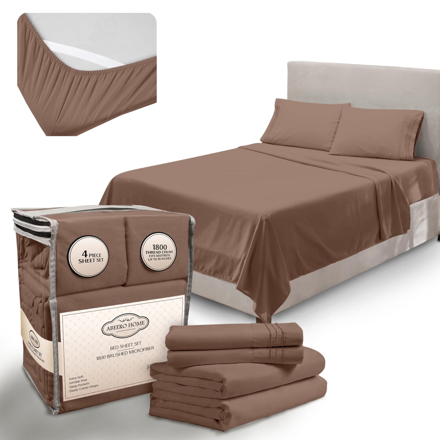 Abeero Home Full Size Bed Sheets Cooling - Luxury Hotel Sheet Set - Soft Sheets with Elastic Corner Straps - Deep Pocket Microfiber Bedsheets - Bedding Sheet & Pillowcases - 4 PC (Full Size, Brown)