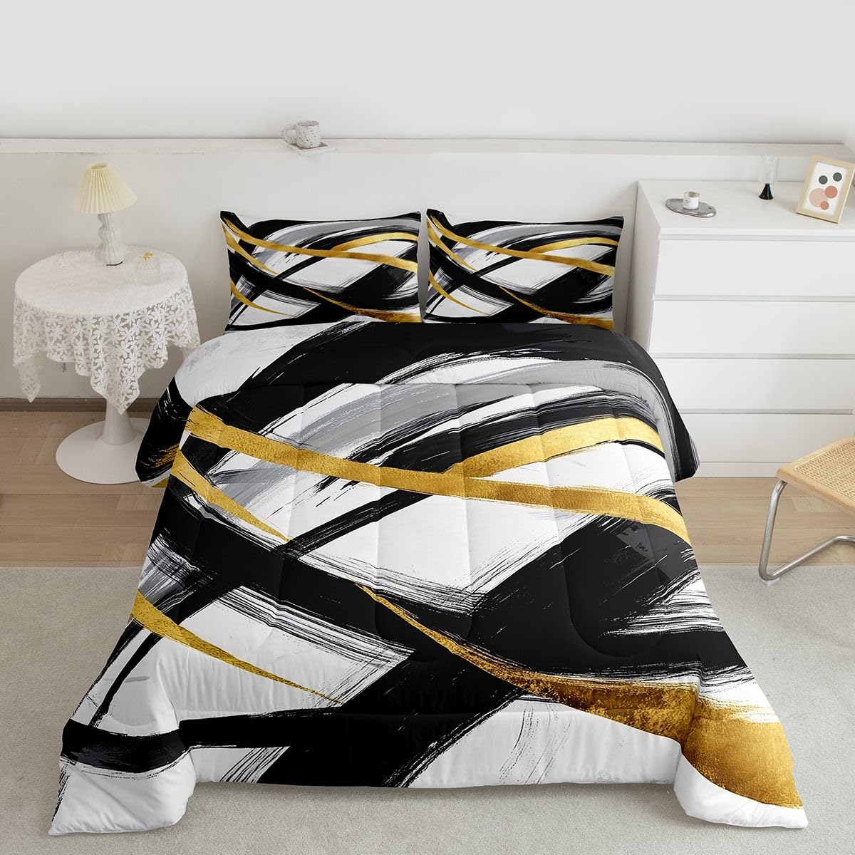 jejeloiu Black Gold Comforter Set Queen Size Geometric Bedding Set for Kids Boys Girls Stripe Line Duvet Quilt Modern Abstract Bedroom Decor Microfiber 3 Pcs with 2 Pillow Cases