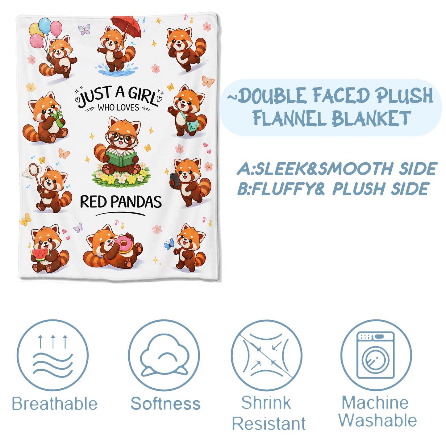 Zeleda Cute Red Panda Flannel Blanket, Soft Cozy Throw with Funny Animal Floral, Lightweight Blankets for All Seasons, Cartoon Playful Home Sofa Bed Decor and Gifts for Kids Girls Boys, 50x60 Inch