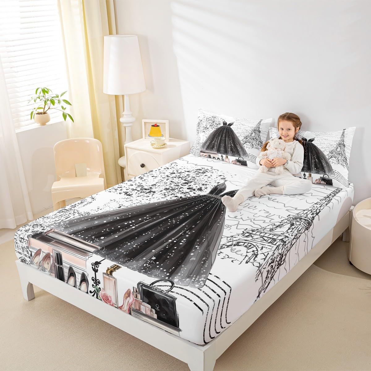 Erosebridal Fashion Girly Dress Sheet Set King Size Black White Eiffel Tower Paris Bed Sheets Perfume Modern Girls Women Sheets Romantic High Heels Makeup Bedding Set