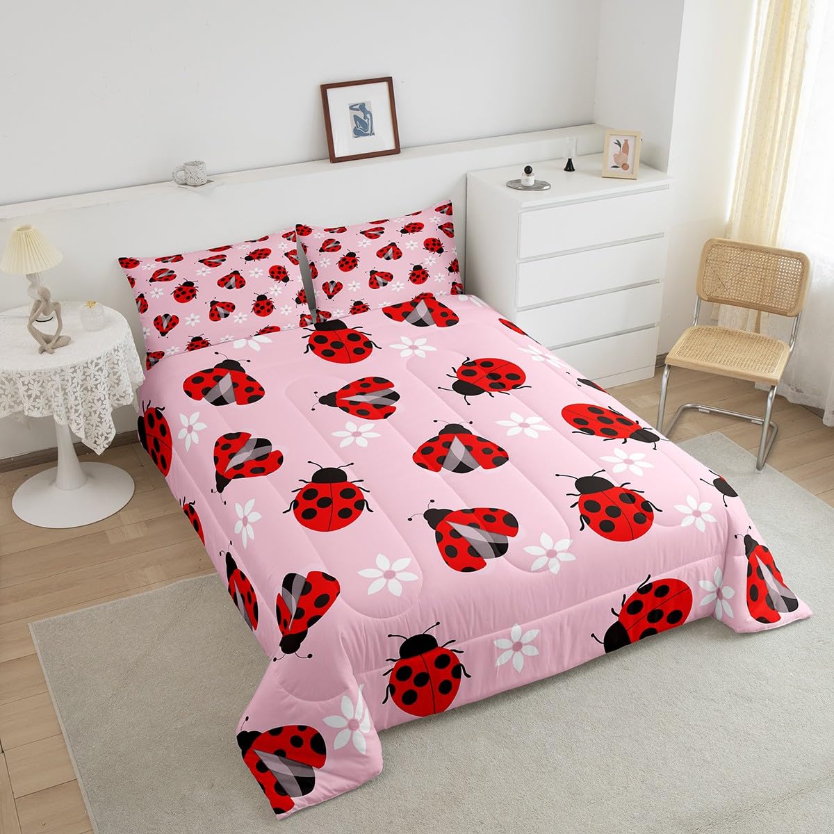 Feelyou Ladybug Comforter Set Ladybug Gifts for Girls Boys Cute Bug Comforter Queen Size Garden Farmhouse Animal Bedding Set Pink Duvet Set Quilt Set 3Pcs