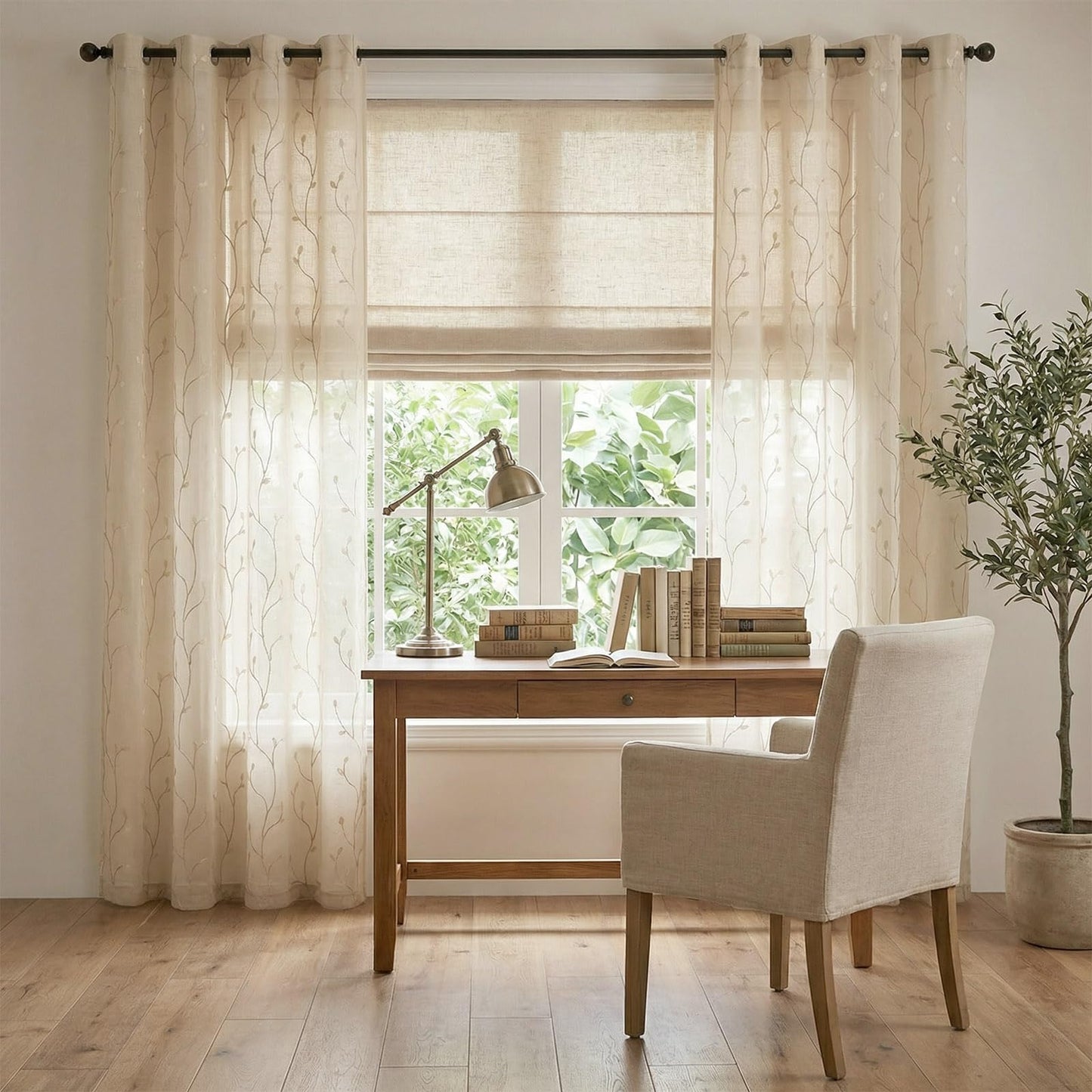 jinchan Sheer Curtains for Bedroom 96 Inch Length Leaf Embroidered Semi Sheers for Living Room Botanical Embroidery Voile Transparent Grommet Window Treatments 2 Panels