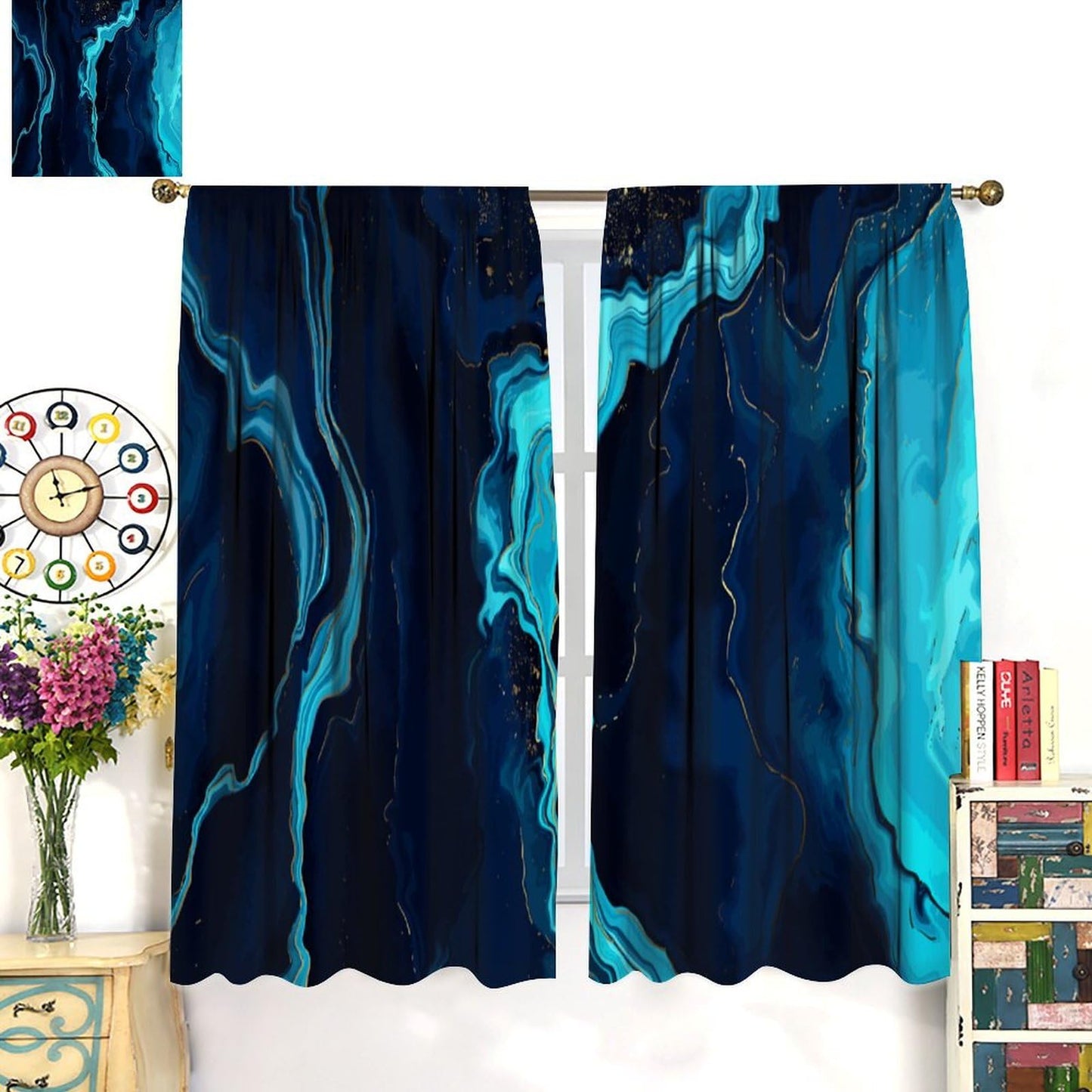 Blue Marble Curtains, Abstract Marble Texture Marbling Printed Window Treatments for Living Room Bedroom Kitchen Decor, Modern Elegant Blue Pink Drapes Set 2 Panels,42x45 Inches