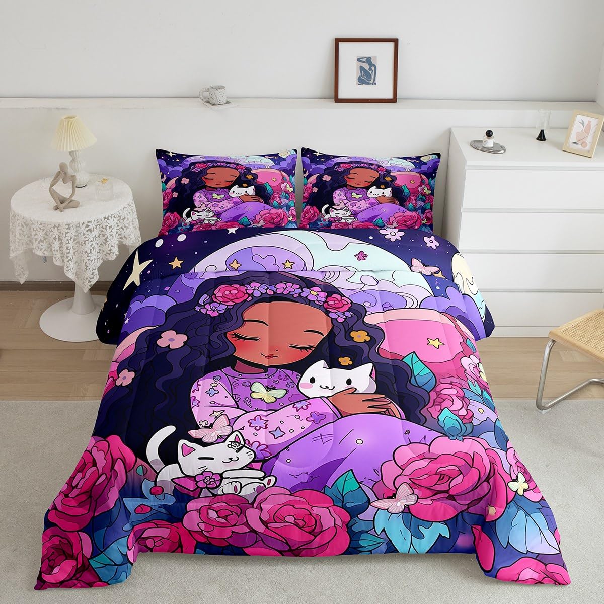 Erosebridal Black Girls Bedding Set Afro Girl Twin Comforter Set for Girls,Cat Flowers American African Princess Magical Quilt for Toddler Kids Teenager,Cute Room Decor
