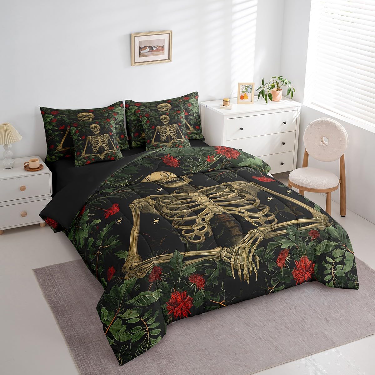 Homewish Gothic Skeleton Reversible Comforter Set 7 Piece King Size,Stars Skull Print Romantic Floral Bed Sheet Set Red Flowers Green Leaves Plant Bedding Set with Comforter,Fitted & Flat Sheet