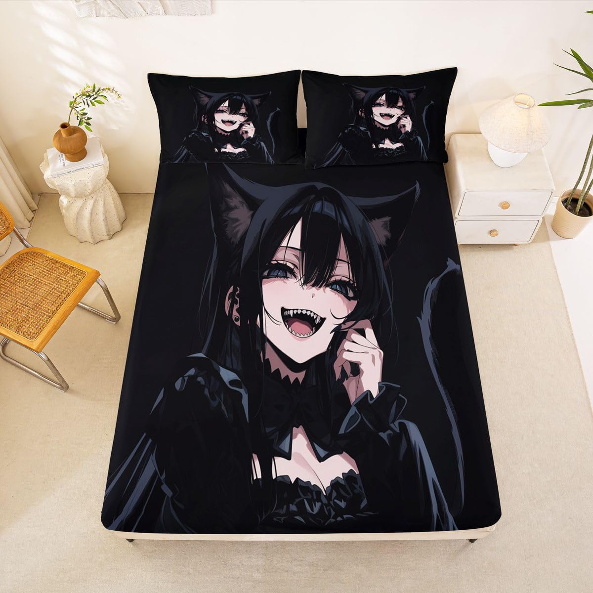 Erosebridal Anime Girl Queen Bed Sheets 3D Japanese Fitted Sheet,Gothic Style Cat Girls Kids Bedding Sets Cool Anime Gift Sheets with 2 Pillowcases