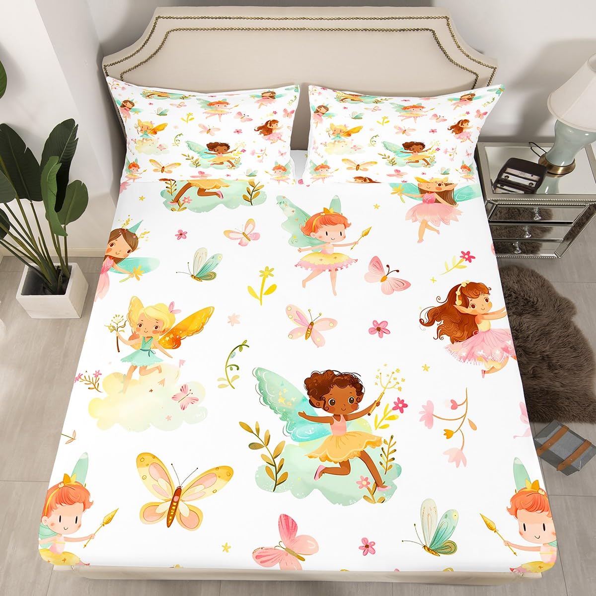 Erosebridal Fairy Twin Fitted Sheet for Girls - Butterfly & Floral Bedding Set for Kids, Cute Pink Flower Fairies Garden Bottom Sheets Only | Girly Princess Bed Set 2 Piece Bedroom Decor