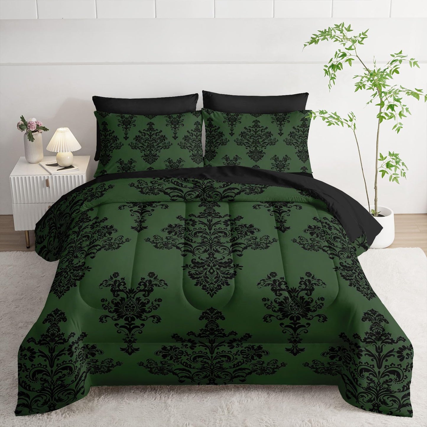 Smell Sunshine 7Pcs Comforter Set Black Retro Pattern Printed Bedding Set with 1 Comforter,1 Flat Sheet,1 Fitted Sheet and 4 Pillowcases for Men and Women Bedroom All Season(Twin)