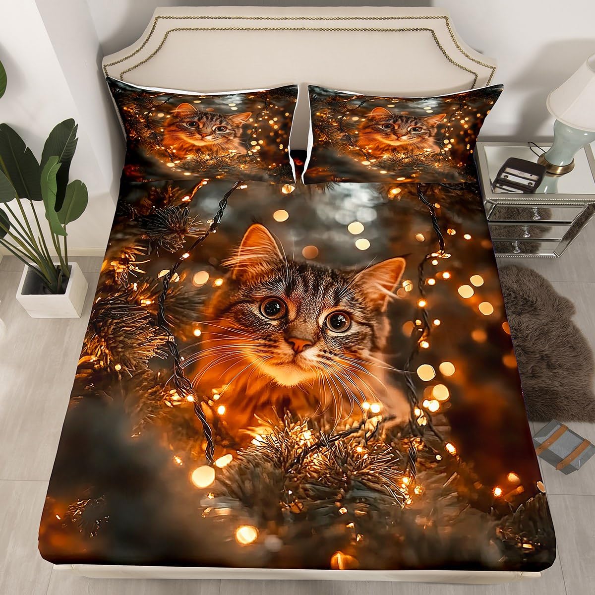 Feelyou Kids Cat Bed Sheet Set Full Size, Cats Print Fitted Sheet Boys Girls Cute Kitten Bedding Set Cartoon Animal Teens Bed Cover Bedroom Decor Lightweight Bed Set (No Flat Sheet)