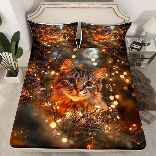 Feelyou Kids Cat Bed Sheet Set Full Size, Cats Print Fitted Sheet Boys Girls Cute Kitten Bedding Set Cartoon Animal Teens Bed Cover Bedroom Decor Lightweight Bed Set (No Flat Sheet)