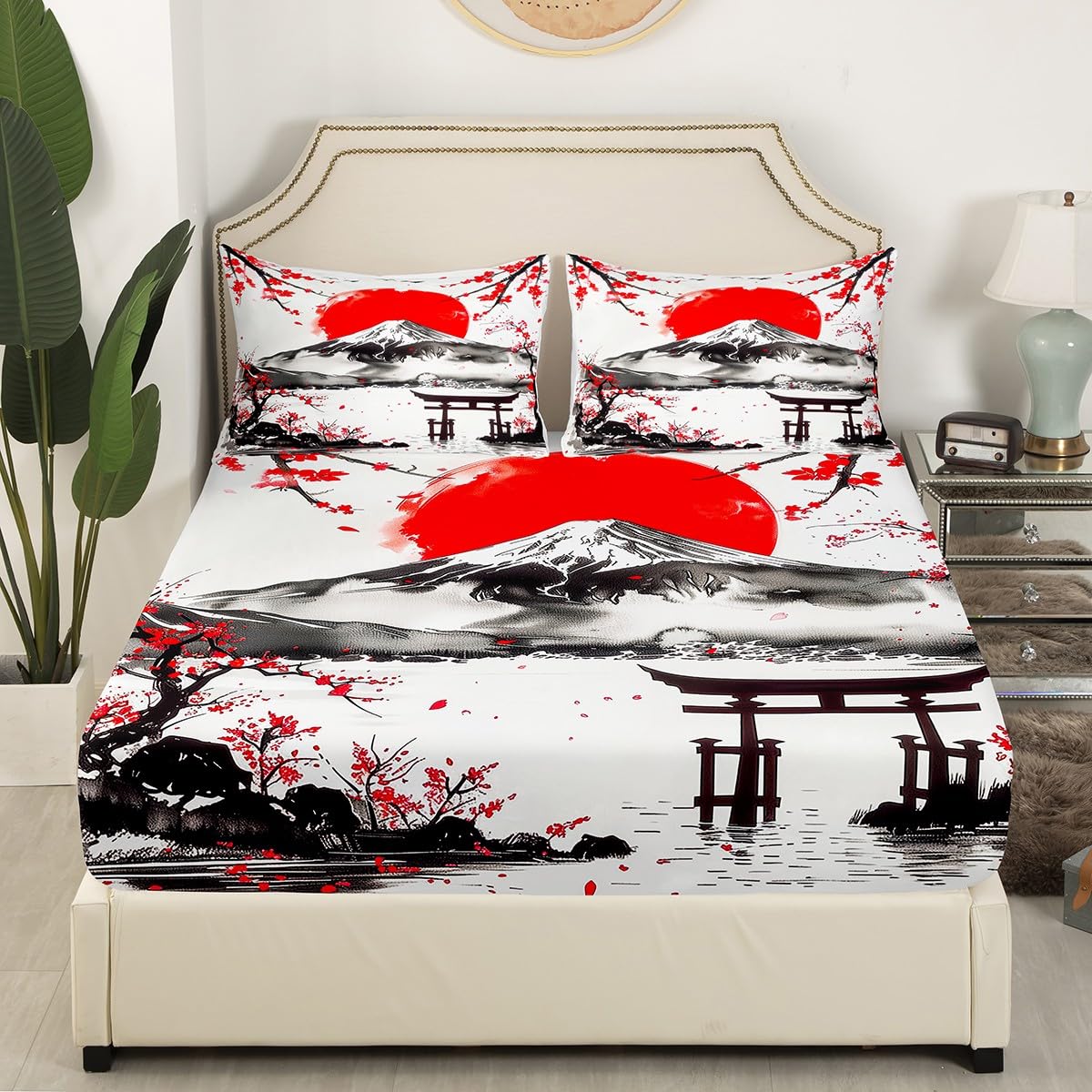 Feelyou Japanese Theme Bedding Sheets Full Fujiyama Bed Sheet Set for Adult Kids Cherry Blossom Fitted Sheet Natural Landscape Bed Cover 3Pcs,1 Fitted Sheet+2 Pillow Sham（No Flat Sheet）