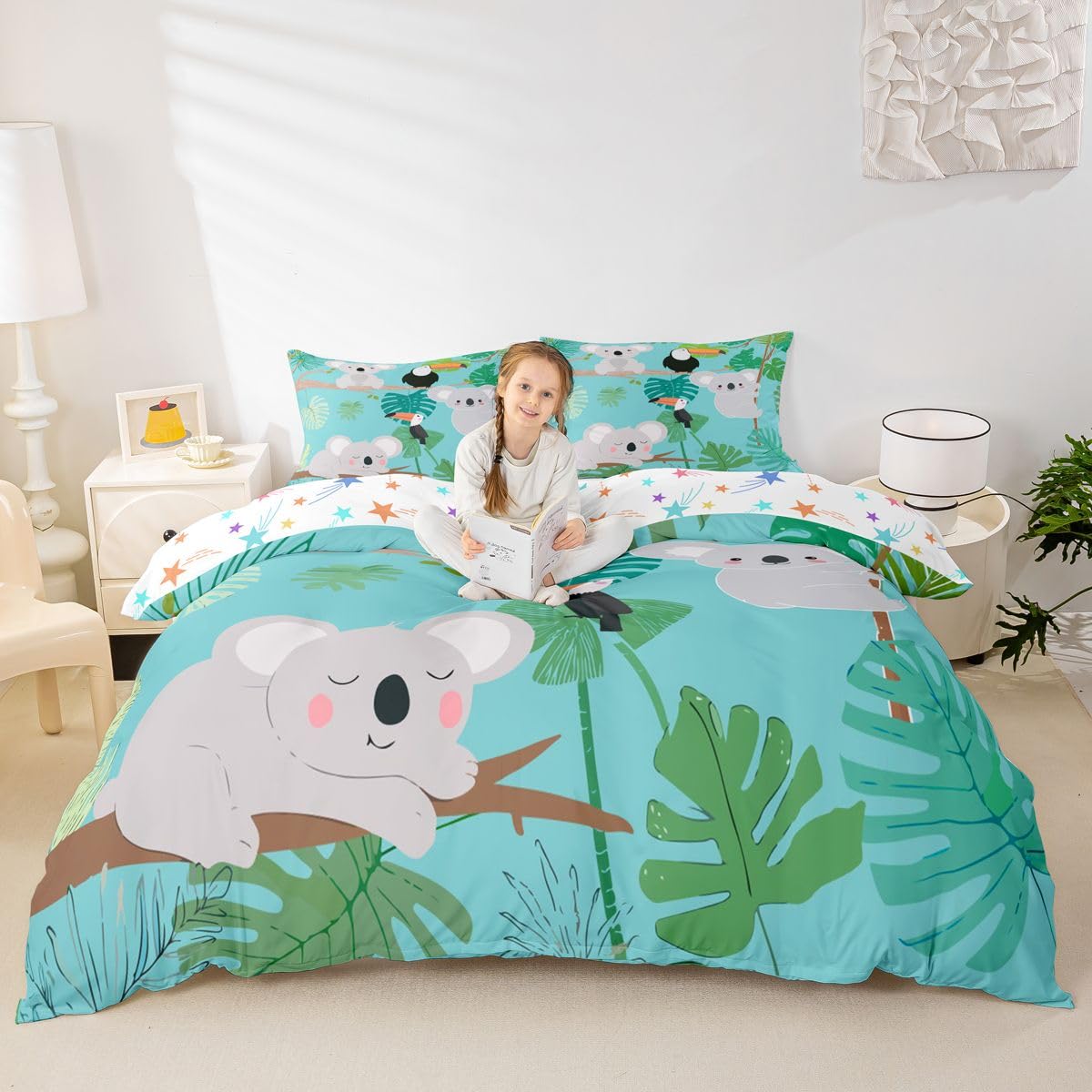 Kids Koala Duvet Cover Cute Animal Pattern Bedding Set Palm Leaf Comforter Cover for Boys Girls Children Room Decor Lightweight Cartoon Koala Printed Bedspread Cover Queen Size With 2 Pillow Case