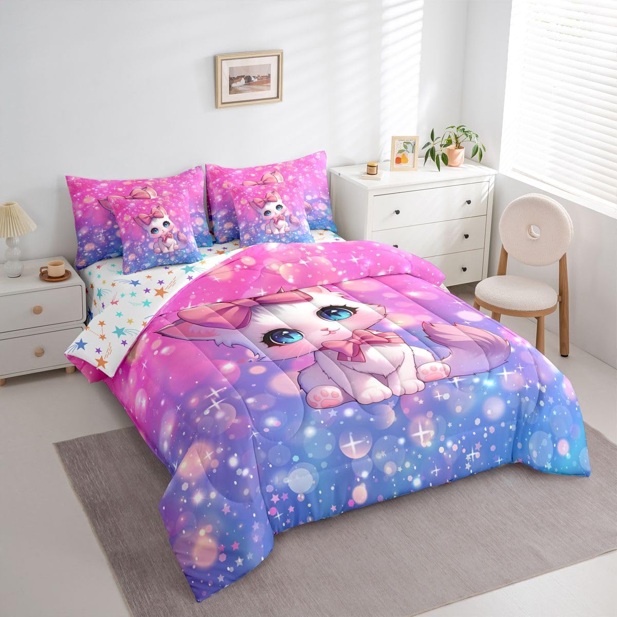 Feelyou Cat Twin Comforter Set with Sheets for Kids Boys Girls Cute Kitten 7 Pieces Bedding Set Cute Animal Bed in a Bag Cat Lover's Gift Room Decor Soft Lightweight Microfiber