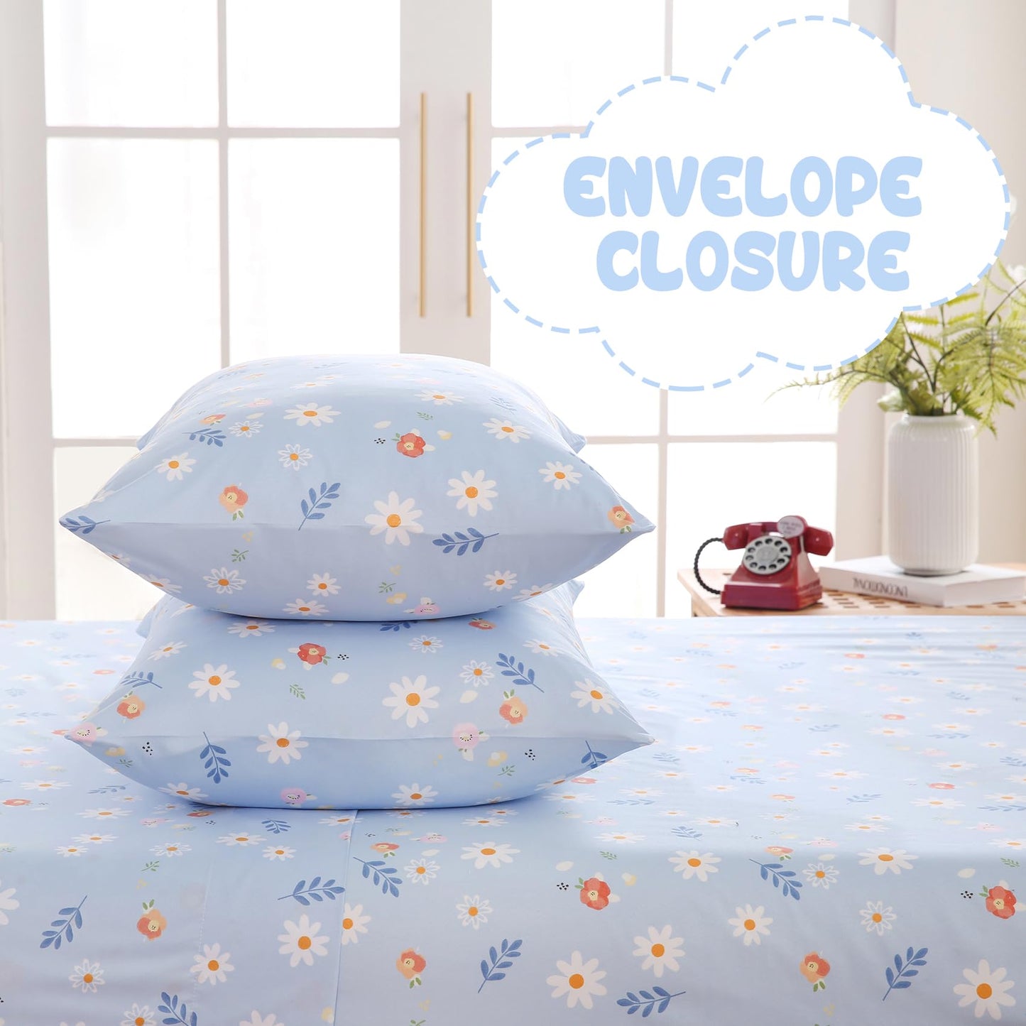Yibeizi Blue Floral Strawberry Sheet Set for Girls, Full Size Kids Cute Daisy Flower Patterned Bedsheet Microfiber Deep Pocket Bedding Sheets & Pillowcases 4 Pieces
