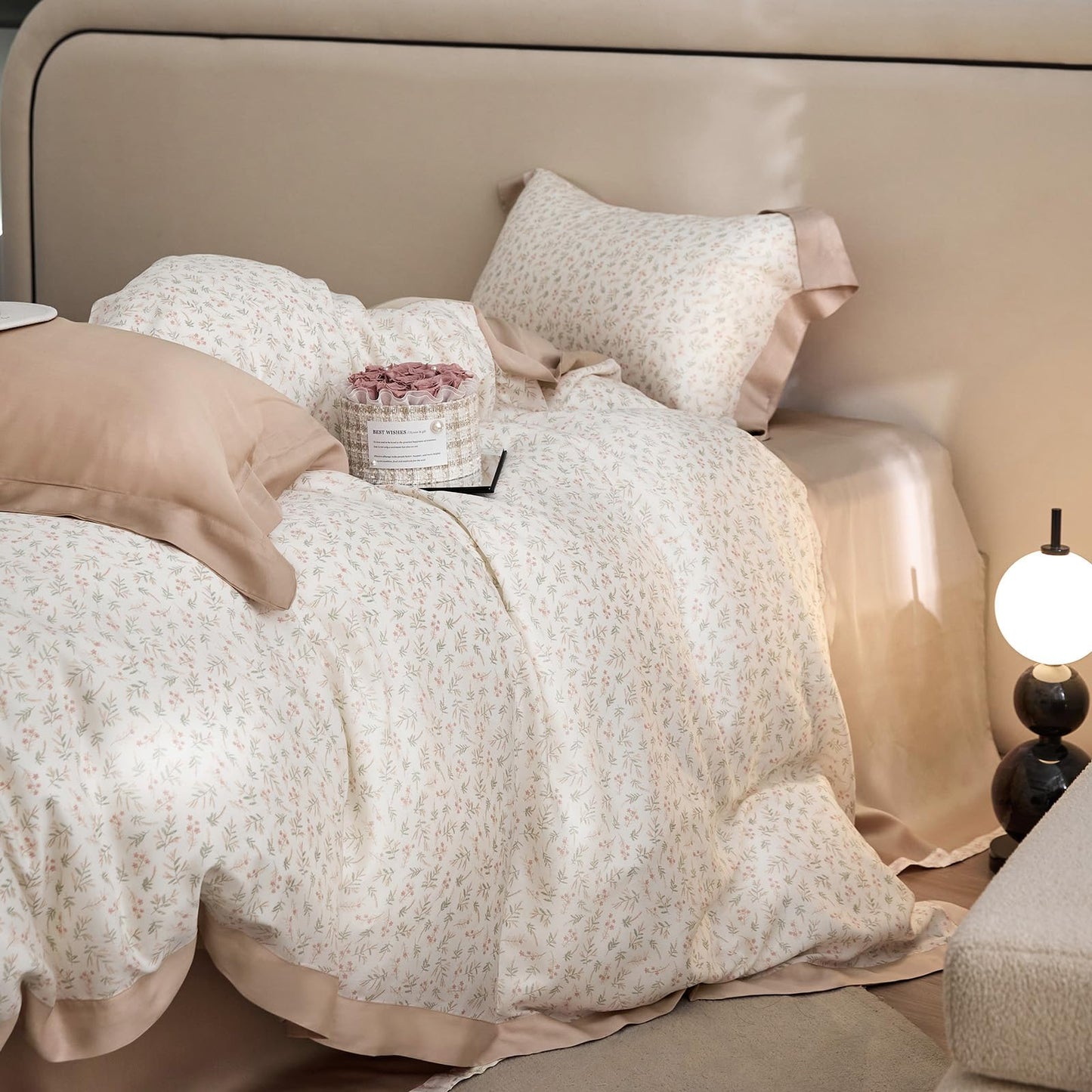 VM VOUGEMARKET Girls Pink Flower Leaves Duvet Cover Set Queen Princess Lace Bedding Set Cooling Silky Lyocell Duvet Cover with Zipper Closure-Blush Pink,90x90 Inch
