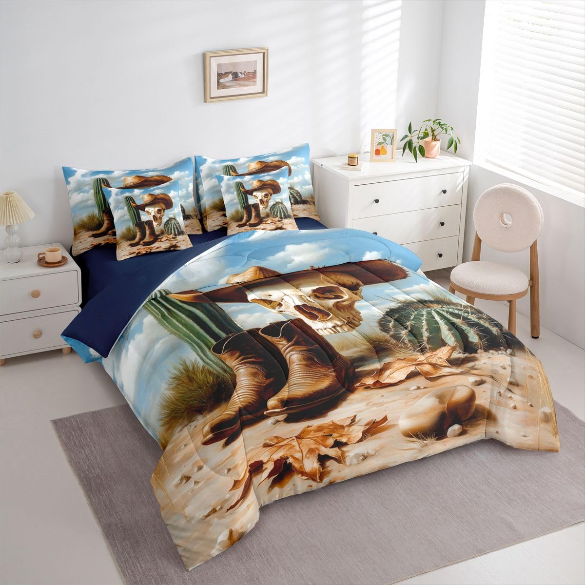 Erosebridal Sugar Skull 7 Piece Bedding Set Queen Cowboy Hat Comforter Set with Sheets Boots Cactus Maple Leaves Clear Sky Bed in a Bag Boho Western Clouds Desert for Teens Men Women