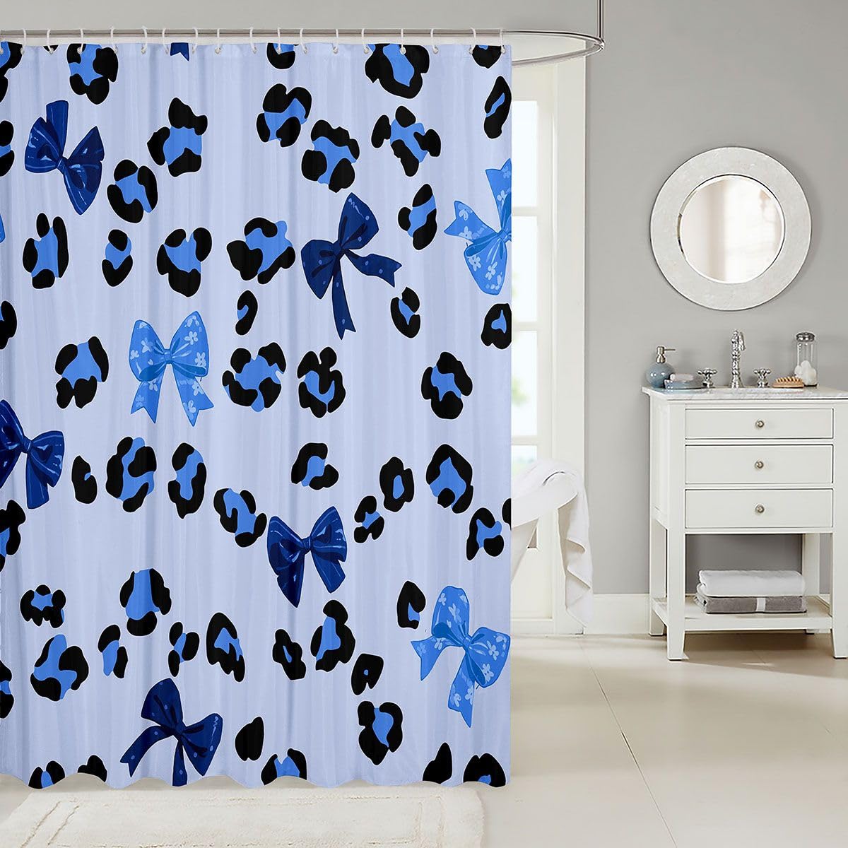 jejeloiu Blue Bow Shower Curtain for Bathroom Decor Cute Bowknot Bath Curtain Leopard Cheetah Print Bathroom Accessories Waterproof Polyester Fabric for Stalls Bathtubs 72"x72"
