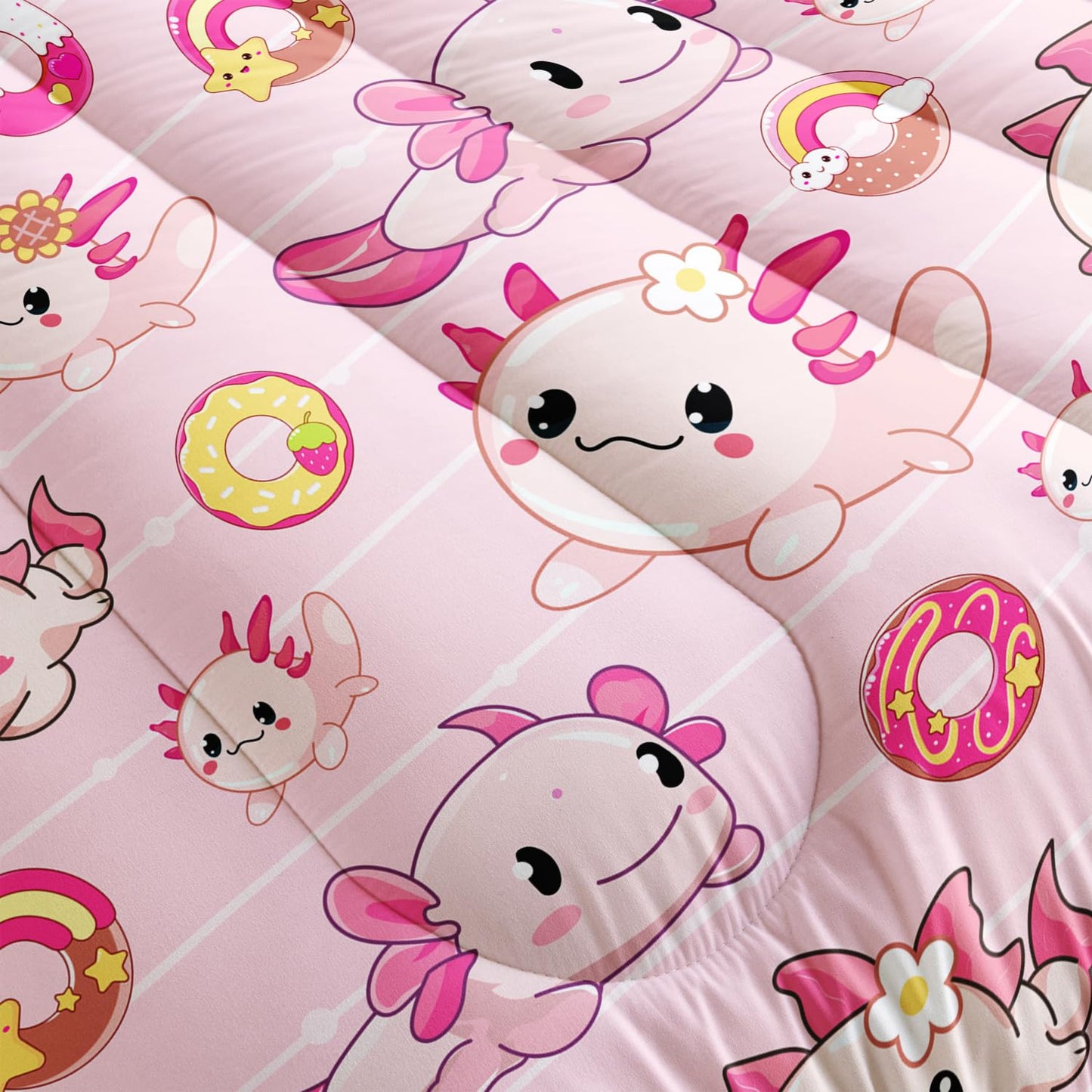 AILONEN Kawaii Axolotl Comforter Set Queen Size, Pink Axolotl with Doughnut Theme Bed in a Bag, 1 Quilt 2 Pillowcases, 3 PCS
