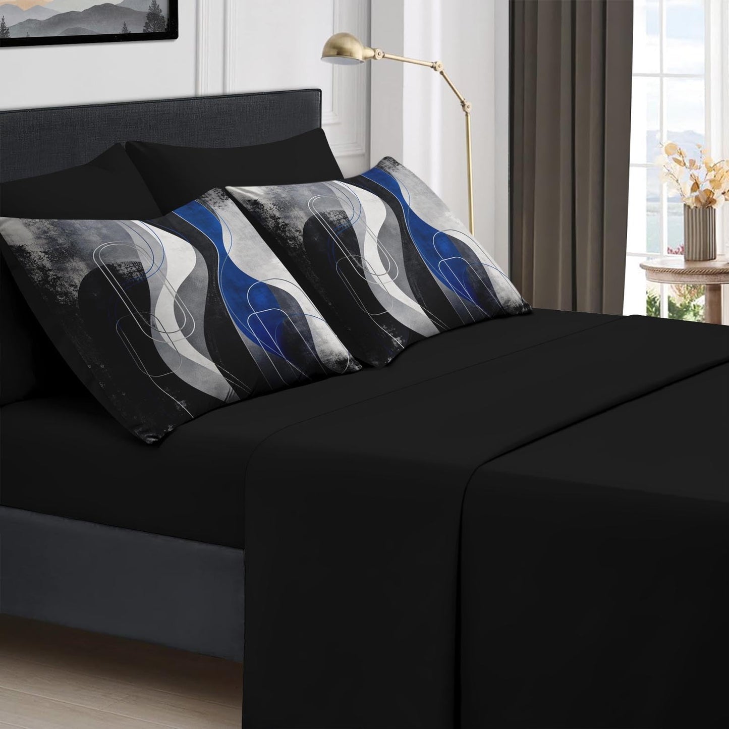 Boewywh Comforter Set Twin Size Abstract Modern Blue 7 Pcs, Bedding for Kids and Adults, Bed Sheet Sets with Fitted Sheet 2 Pillowcases & 2 Shams for Bedroom Bed Decor