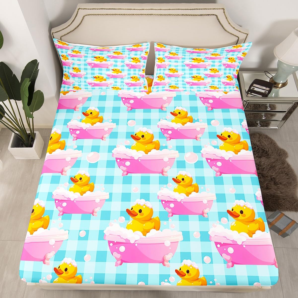 Erosebridal Boys Girls Blue Plaid Bed Sheets Full Size Kids Cute Yellow Duck Flat Fitted Sheet Cartoon Ducks Sheet Set Farmhouse Pet Animal Sheets