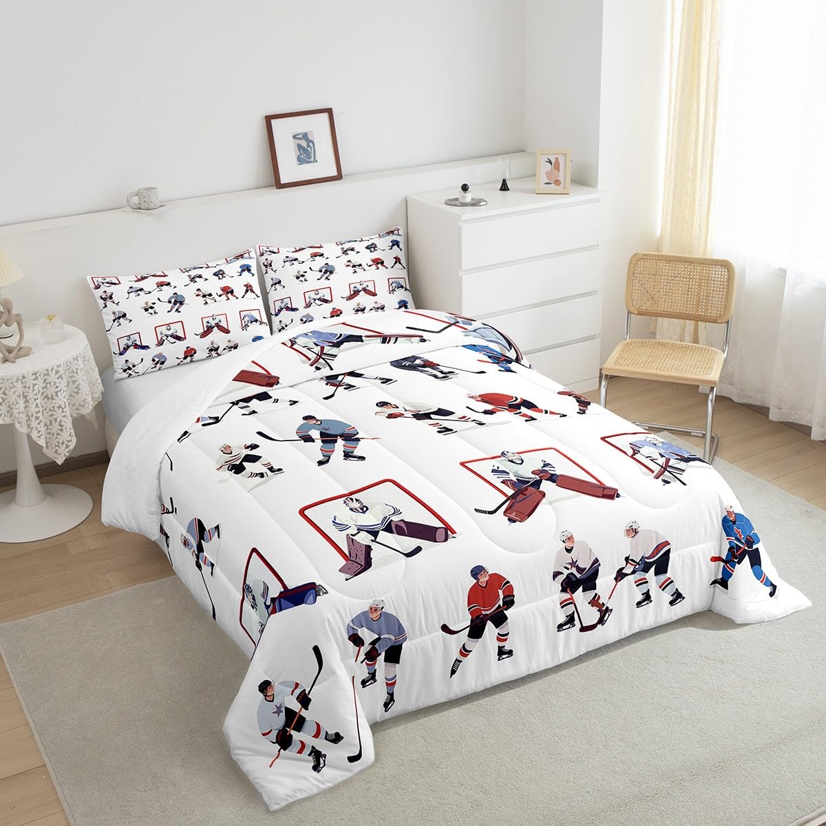 Feelyou Ice Hockey Bedding Set Kids Sports Event Comforter Set Hockey Player Comforter for Boys Room Decor Lightweight Duvet Set Twin with 1 Pillow Case
