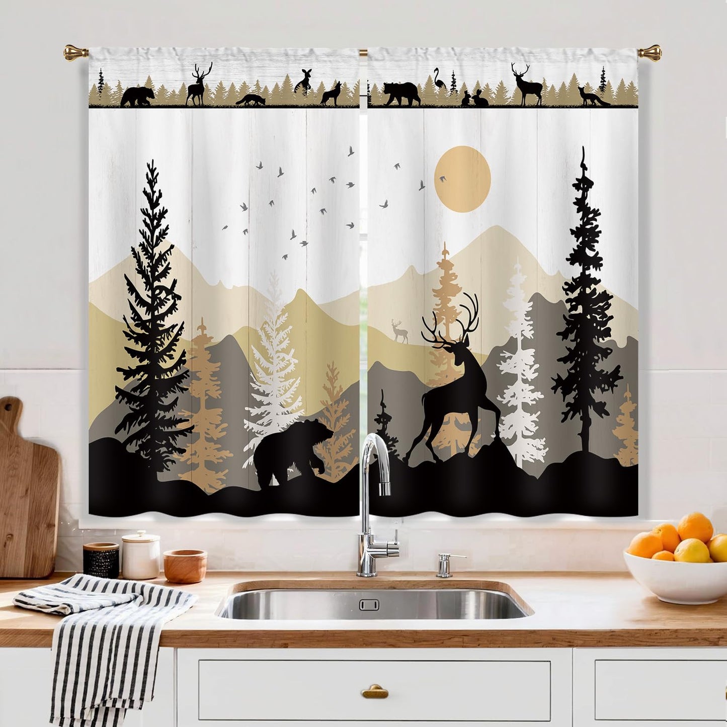 Cizuug Farmhouse Forest Cabin Kitchen Curtains Rustic Wooden Small Short Cafe Window Curtains Tree Country Deer Bear Rod Pocket Bathroom Window Drapes Treatment Tier Curtains 2 Panels (27.5x39 Inch)