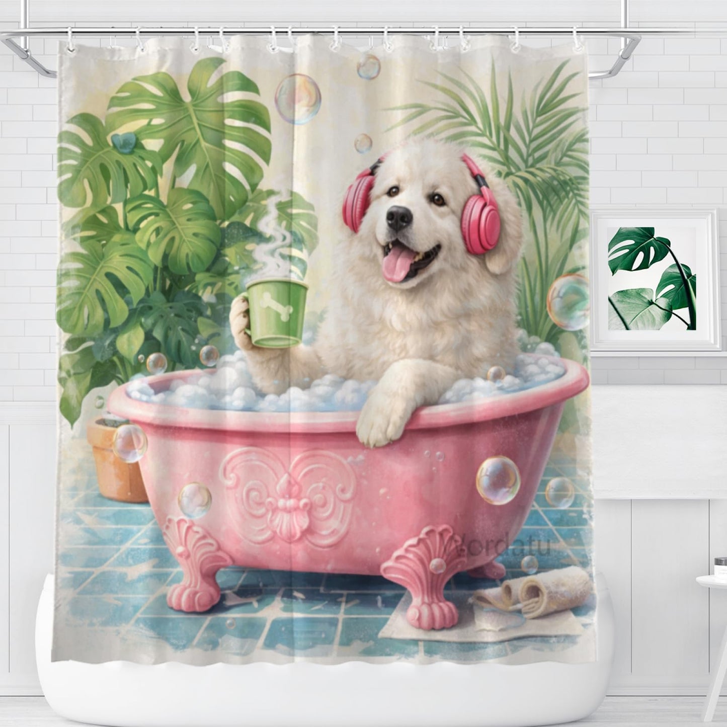Wordatu Great Pyrenees Bathtub Green Plants Shower Curtain Cute Pet Animal Bathroom Waterproof Shower Curtain 72x72 with 12 Hooks（24455）