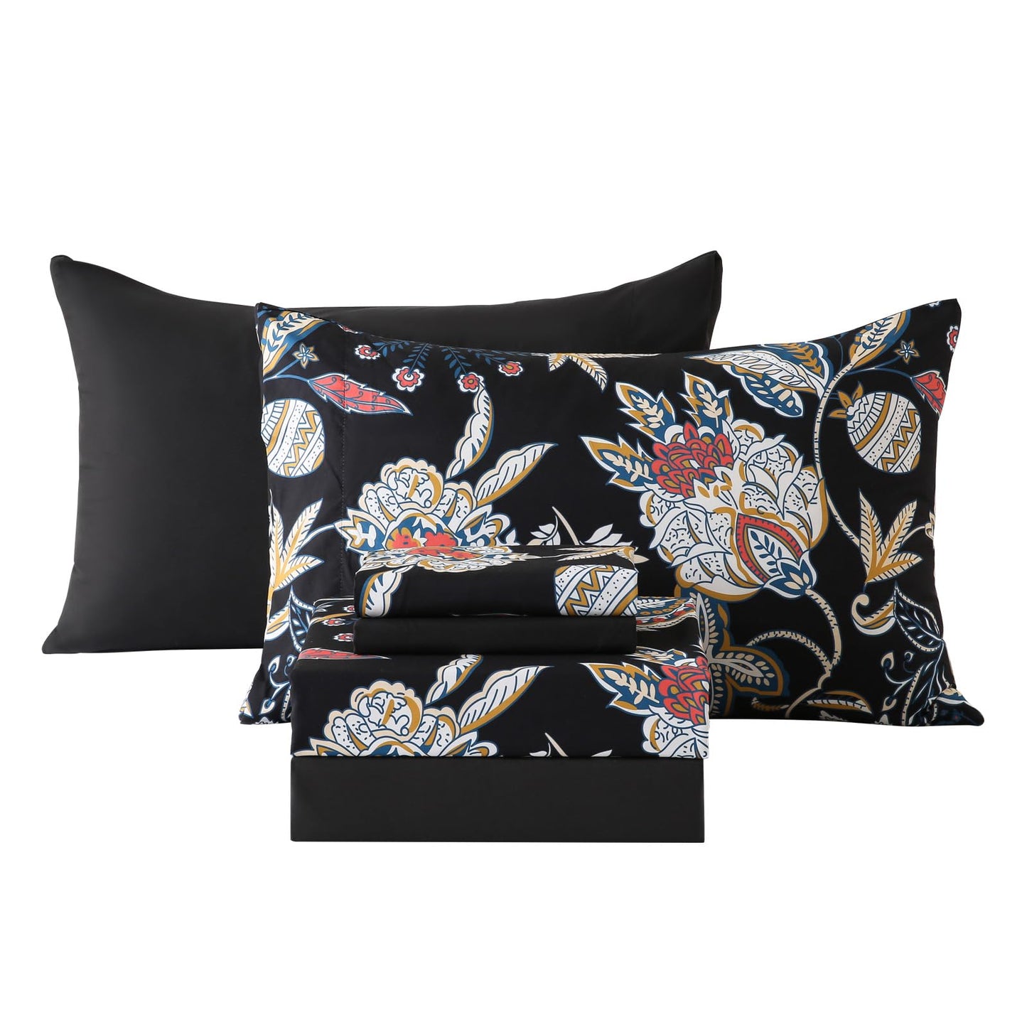 Botanical 6-Piece Full Size Sheets Set, Boho Floral Print Brushed Microfiber Sheets, Cooling Bed Sheet Set, Ultra Soft & Breathable, 16' Deep Pocket Fitted Sheet & Pillowcase Set, Black Floral