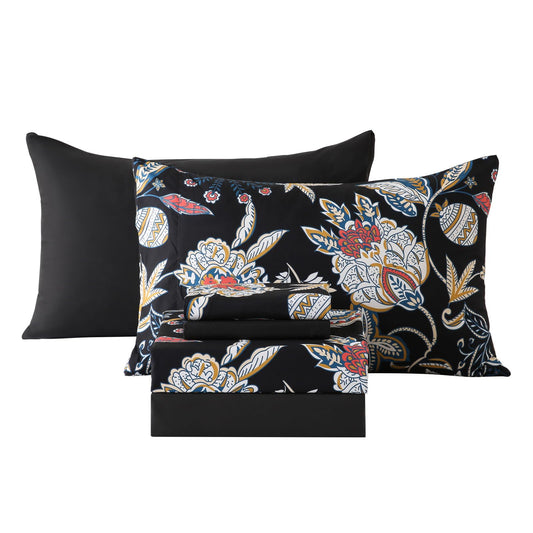 Botanical 6-Piece Full Size Sheets Set, Boho Floral Print Brushed Microfiber Sheets, Cooling Bed Sheet Set, Ultra Soft & Breathable, 16' Deep Pocket Fitted Sheet & Pillowcase Set, Black Floral