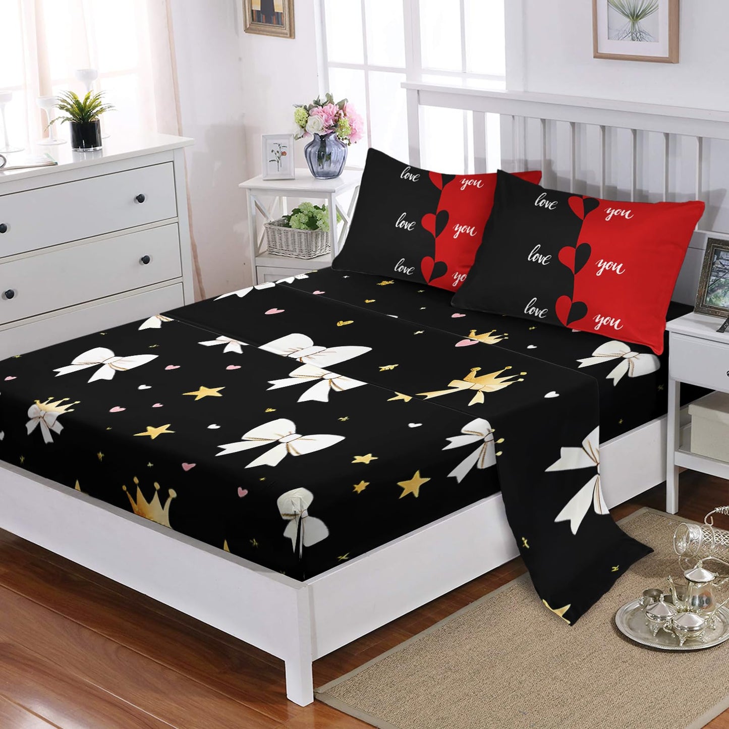 AILONEN Red Black Love Comforter Set Full Size,7-Piece Soft Bed in a Bag,Valentine Couples Printed Comforter & Fitted Sheet & Flat Sheet & 2 Pillowcases,2 Pillow Shams for Bedroom