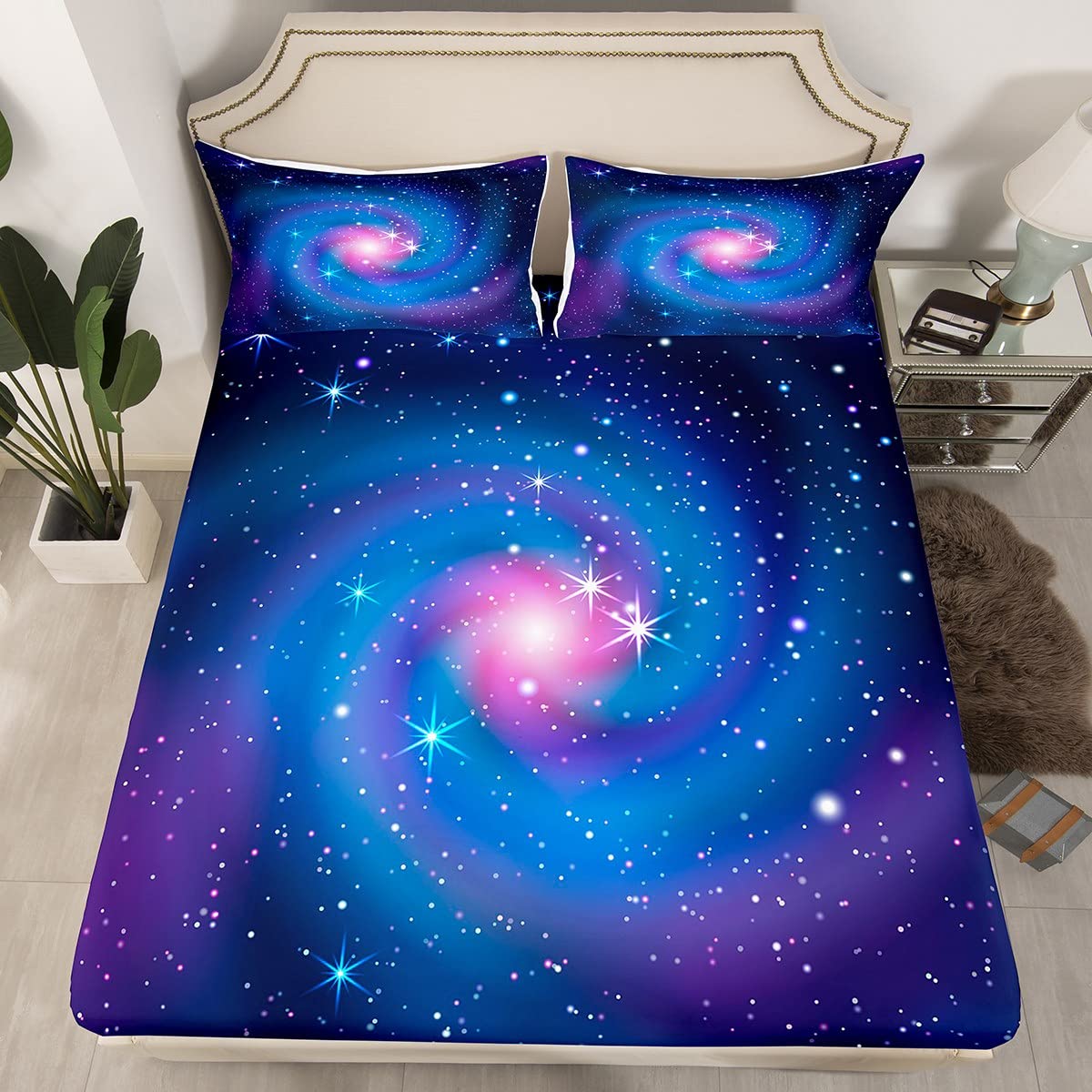 Erosebridal Purple Starry Sky Fitted Sheet Twin Size Kids Teens Galaxy Sheet Set Outer Space Star Universe Printed Bed Cover for Boys Girls,Decorative 2 Pcs Bedding Set (1 Fitted Sheet 1 Pillow Case)