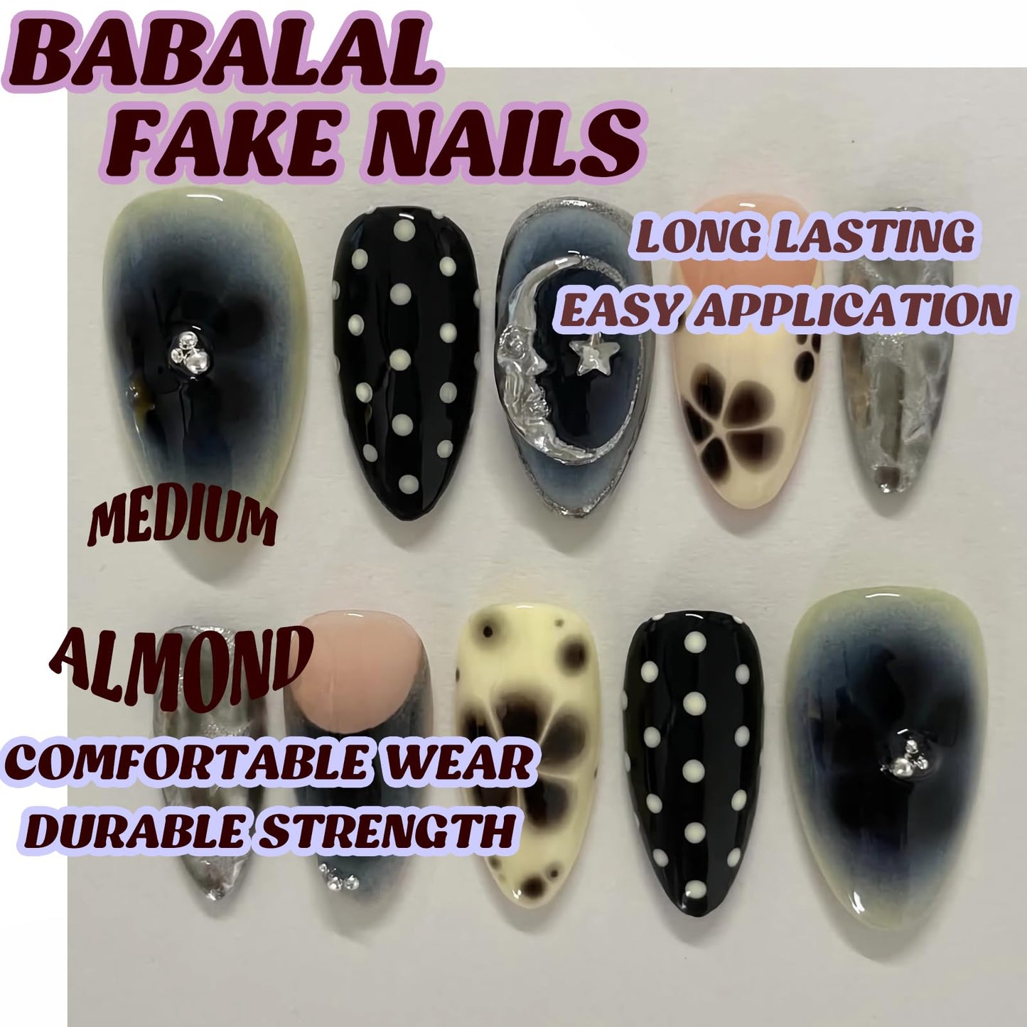 BABALAL Press on Nails Medium Almond Fake Nails Black Goth Glue ons Design Anime Flower Polka Dot Y2k Supplies Handmade Art 24Pcs Glossy Custom Full Cover Acrylic False Nails for Women Girls
