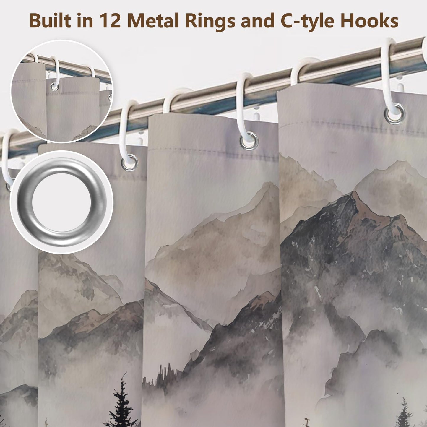 Xiazhilaio Mountain Mist Forest Shower Curtain with Rings – 71x74 Inch Waterproof Fabric Bath Curtain with Hooks, Nature Landscape Scenic Bathroom Curtain for Rustic Cabin Style Home Accent