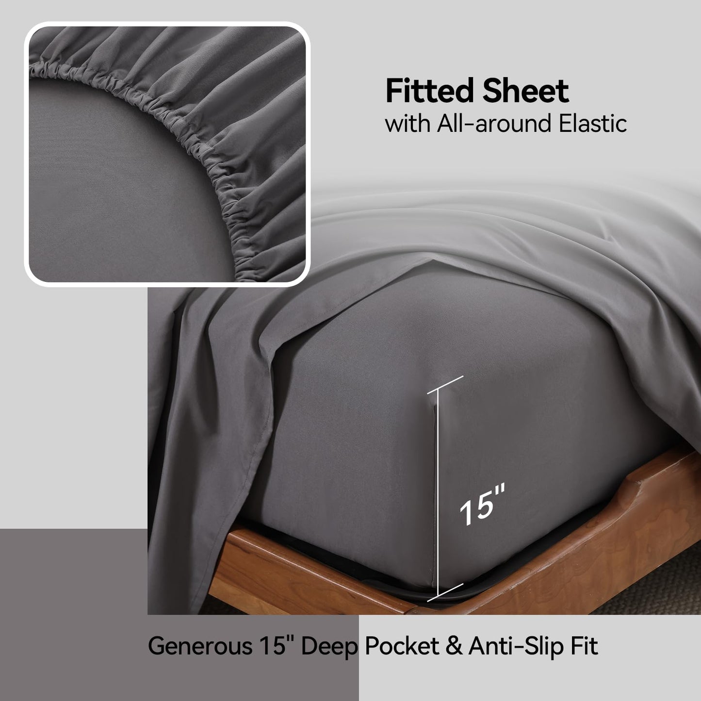 FreshCulture King Size Bed Sheets 4 Piece Sheet Set Include 15" Deep Pocket Fitted Sheet Flat Sheet and 2 Pillowcases Grey Bedding Soft Wrinkle & Fade Resistant Bedsheets for Bedroom