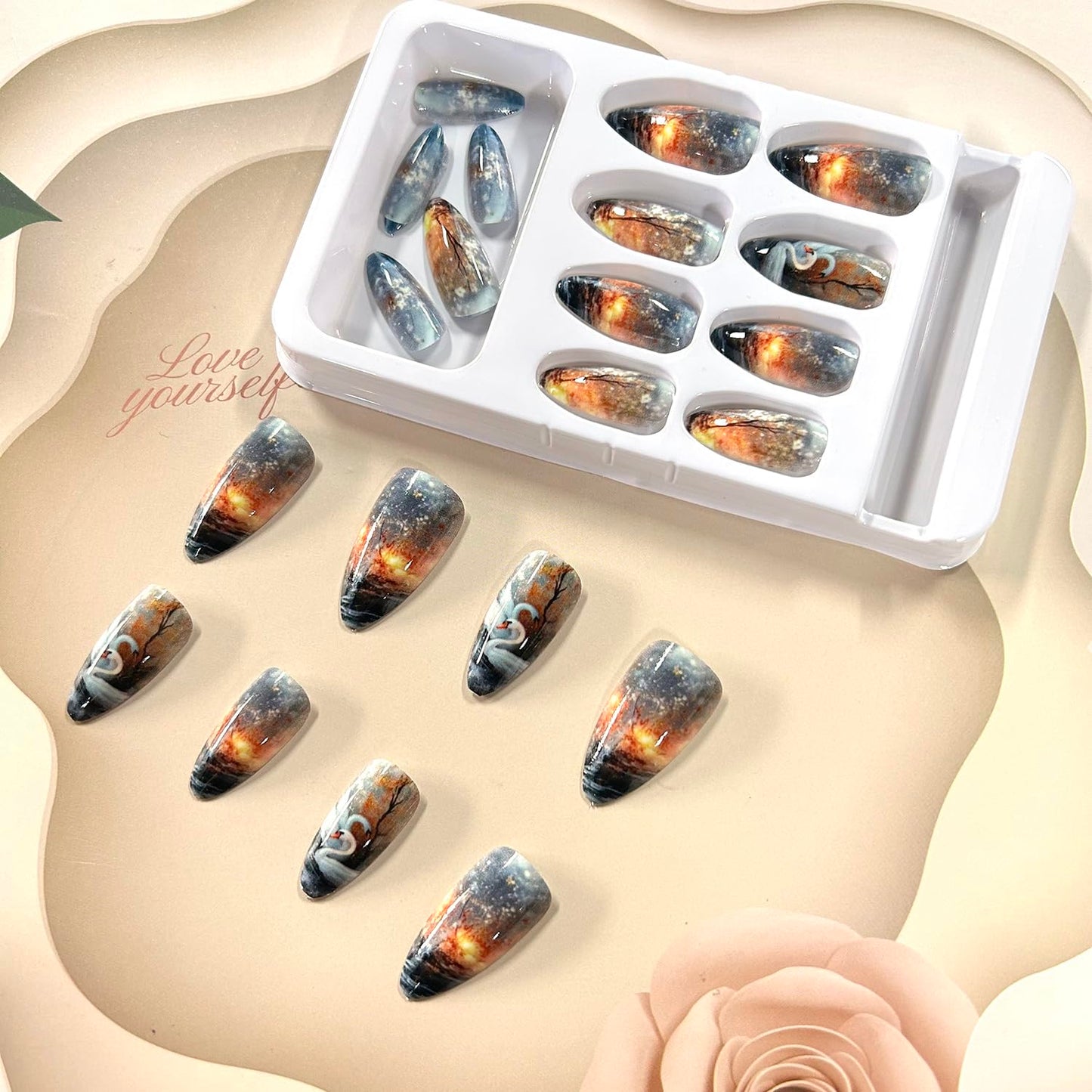 Swan Lake Press on Nails Almond Medium Length Jungle Flame Smudge Acrylic False Nail French Tip Press Ons Stick on Nail Full Cover Glossy Artificial Fingernails Reusable Gel Glue on Nails for Women