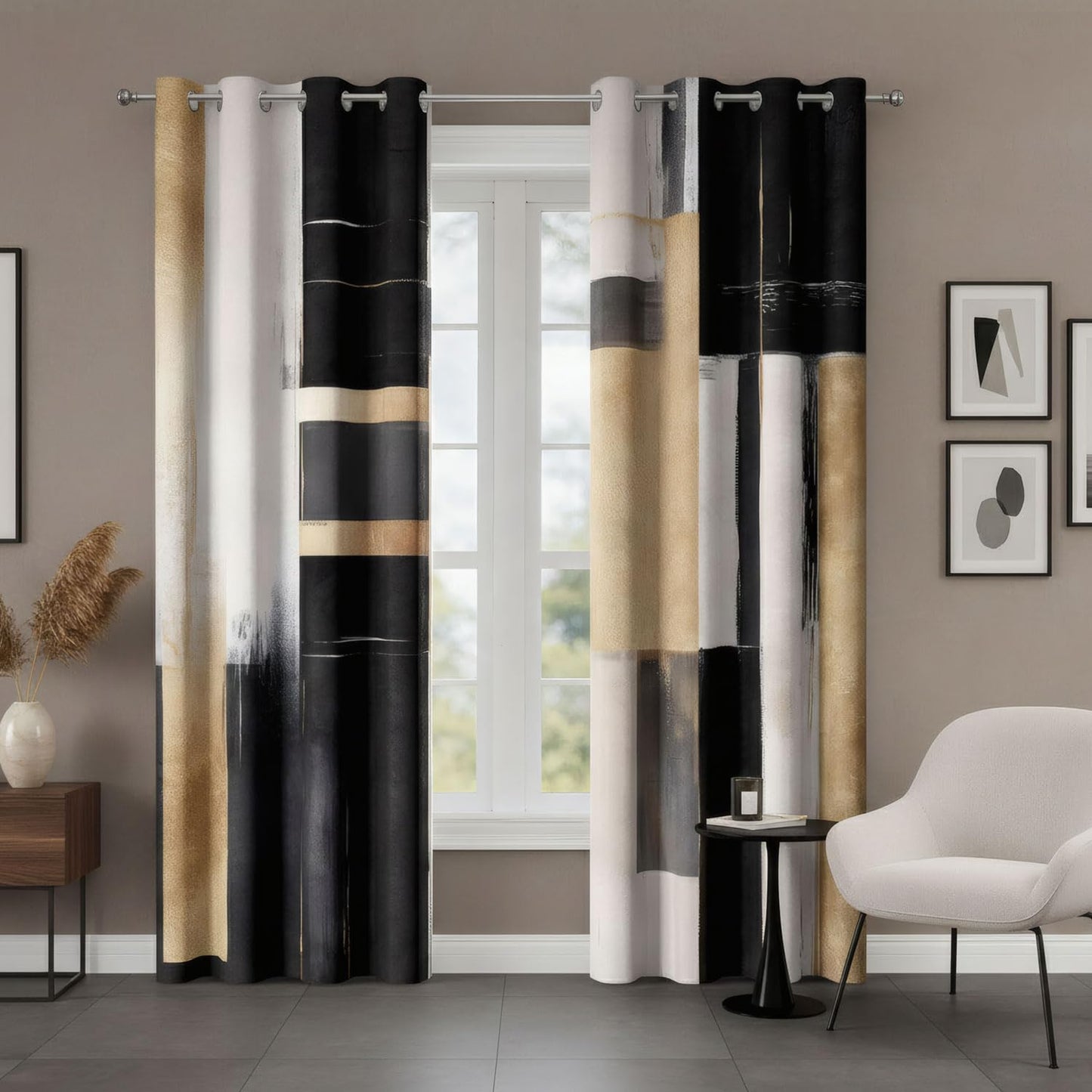 Xioistiy Black and Gold Abstract Blackout Curtains, Boho Modern Aesthetic Grommet Window Drapes, Beige Cream Tan Brown Oil Painting Neutral Art Curtain for Bedroom Living Room 2 Panels, 52"X84"