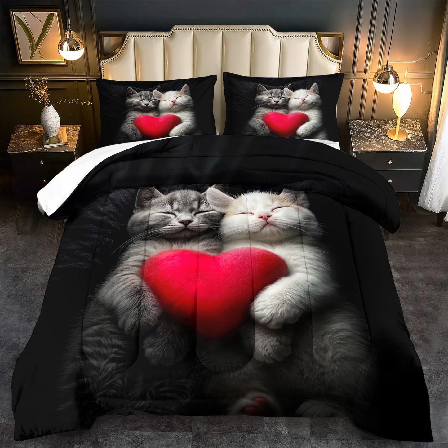 llyxsesty Cute Cat Comforter Set King,Kawaii Cat Bedding Set for Girls,Cute Animal Comforter Red Love Heart Bedding Decor,Kawaii Farm Animal Quilt Patterns Kids and Adults
