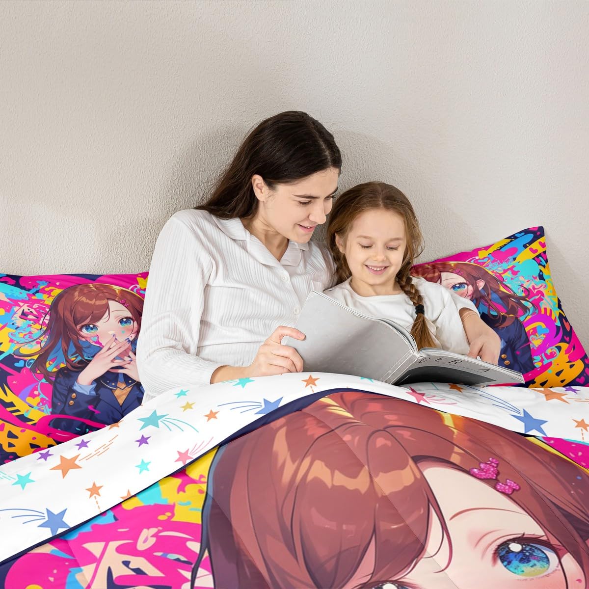 Erosebridal Anime Girl Full Bedding Set, Japanese Anime Comforter Set 3 Piece for Kids Girls Teens Adult Bedroom Decor, Cartoon Girl Quilt Kawaii Japanese Animation Bedding Comforter Sets