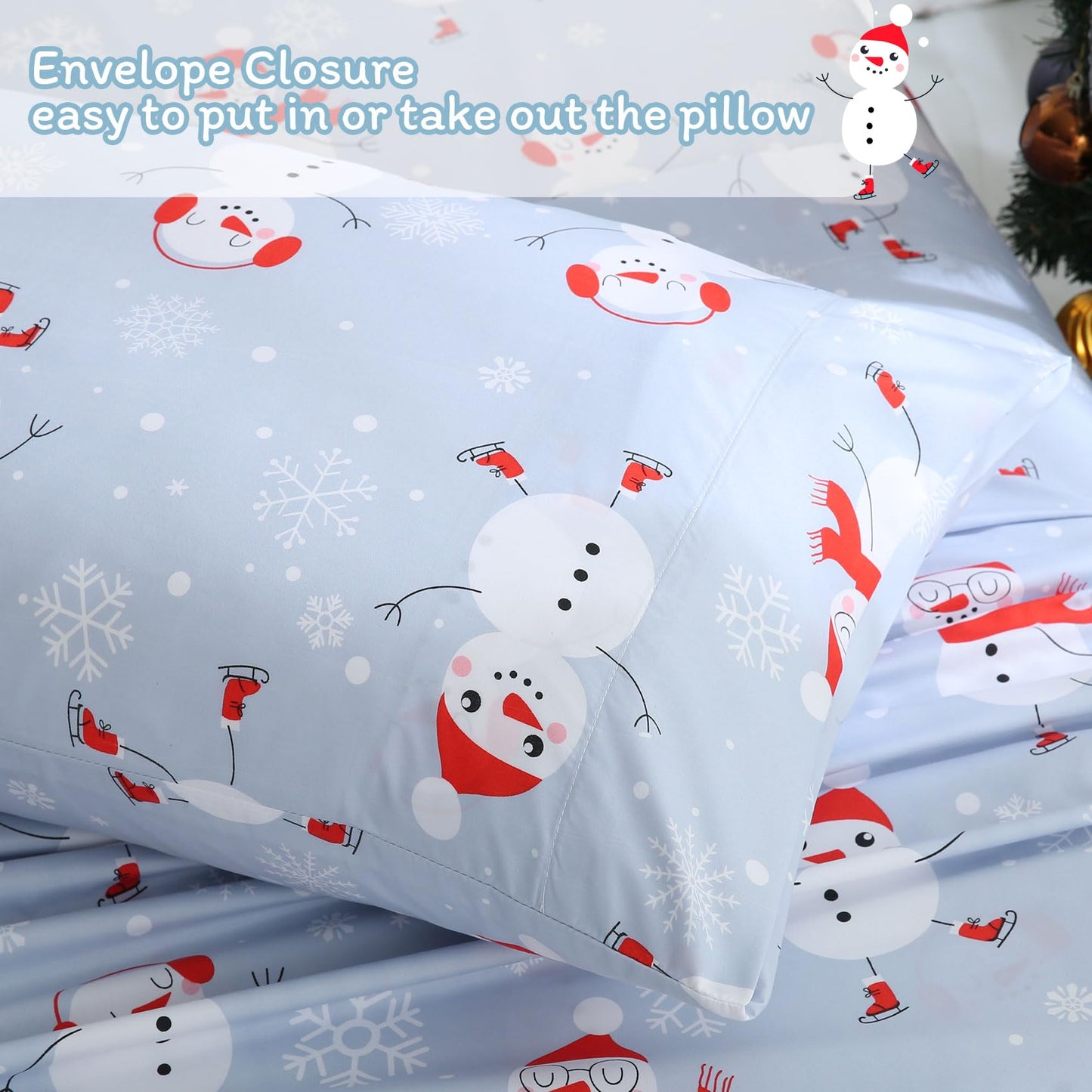 JSD Snowman Kids Sheet Set Twin Size, 3 Piece Blue Snowflakes Christmas Printed Microfiber Sheets Deep Pocket