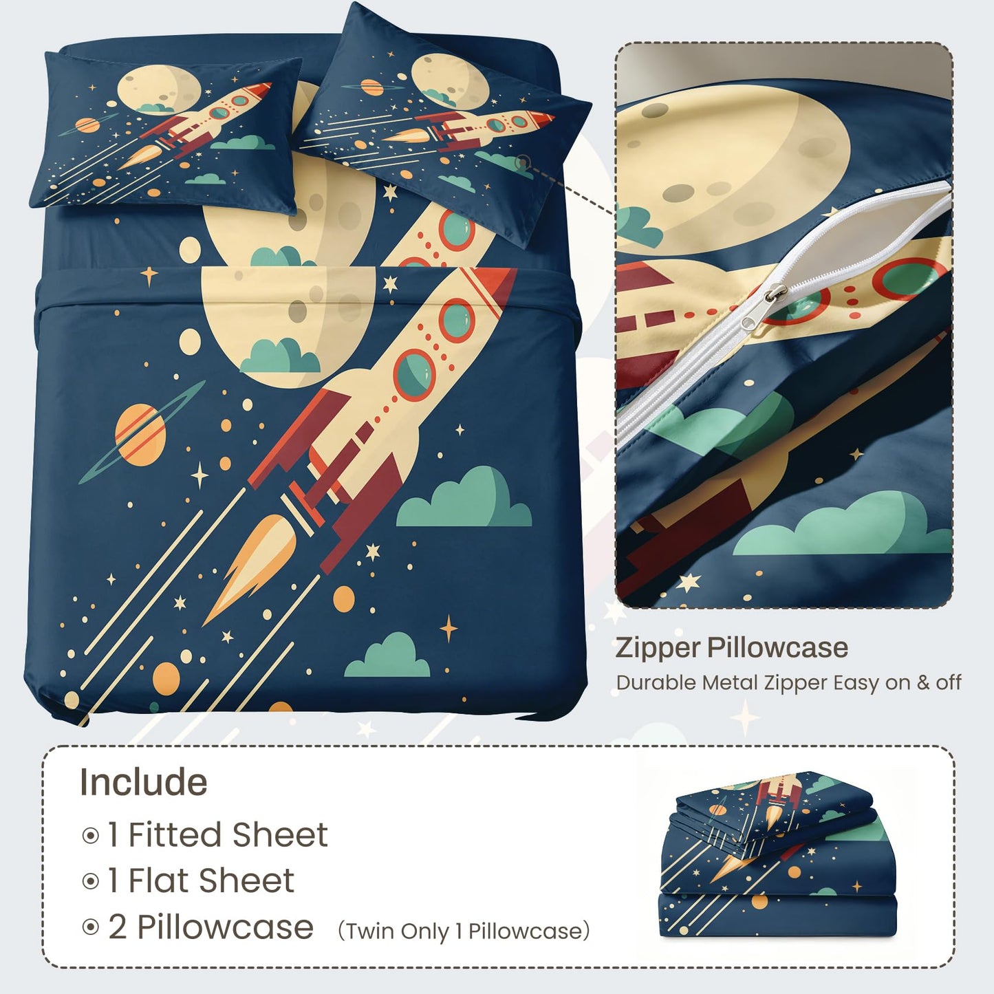 Rocket Ship Bedding Set 4 Pcs Kids Space Queen Sheets