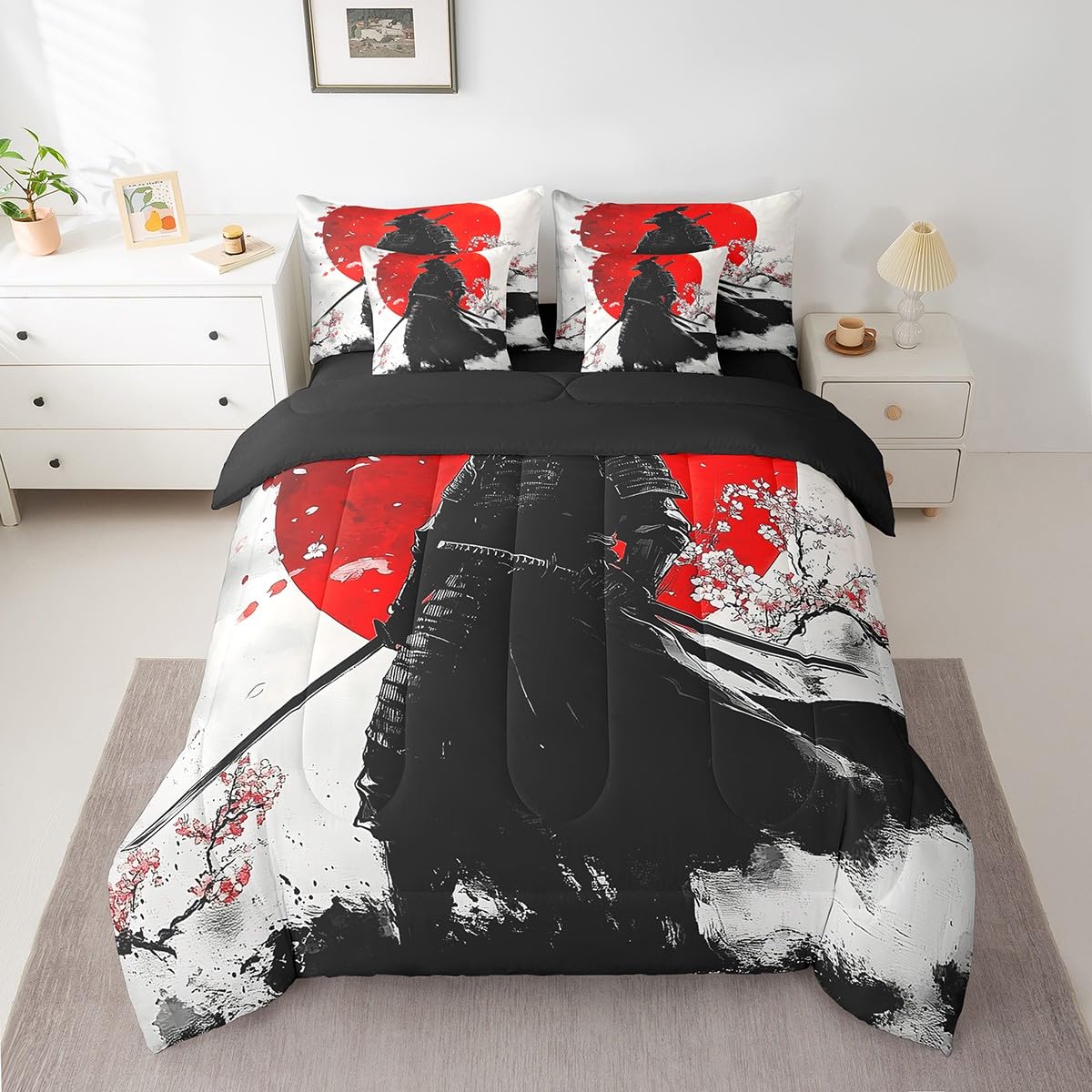Erosebridal Samurai Comforter Set Twin,Japanese Cherry Blossom Bedding Set 7Pcs for Men Boys Teens,Red Sun Quilt,Asian Cool Red Black Men Silhouette Bed in a Bag