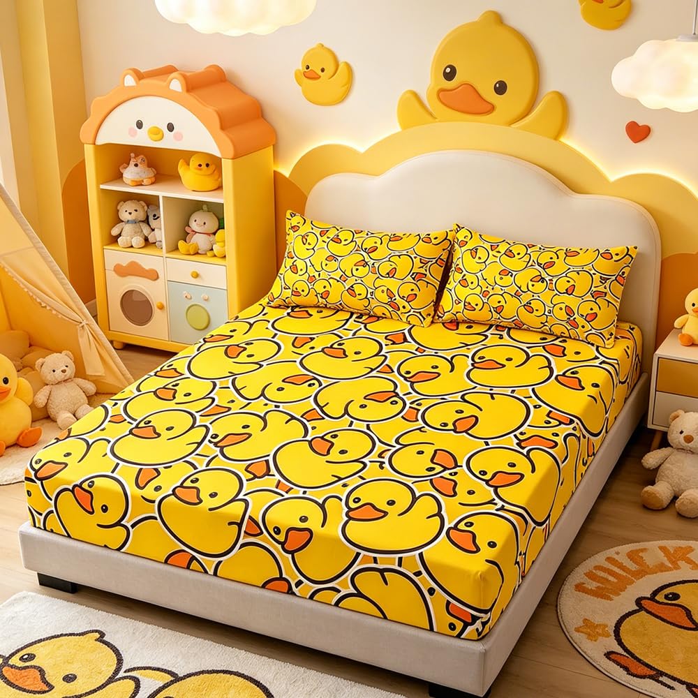 ARIGHTEX Twin Fitted Sheet for Kids Soft Yellow Rubber Duck Bed Sheet with 2 Pillowcases All-Round Deep Pocket 3 Pieces Microfiber Breathable Twin Duck Sheet Set for Boys Girls (Without Flat Sheet)