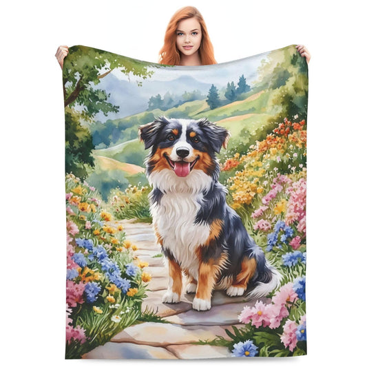 Australian Shepherd Blanket Gifts for Women Men Kids, Colorful Flower Puppy Flannel Throw Blanket, Warm Lightweight Cozy Plush Blankets for Couch, Bed, Travel, Living Room, Camping, Decor 60x50in