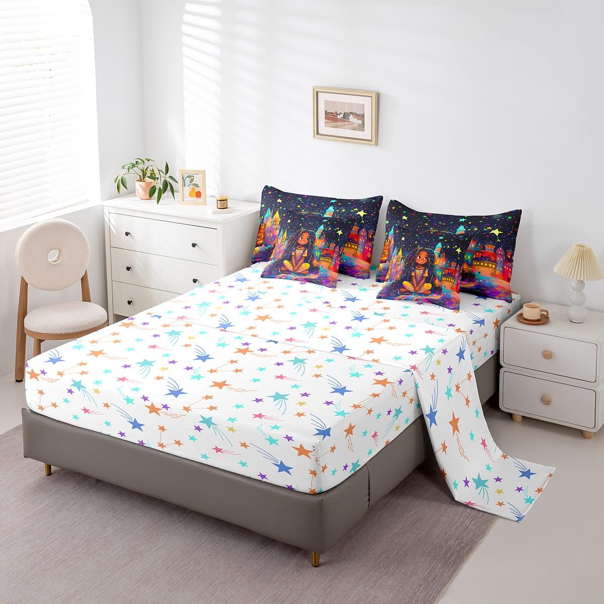 jejeloiu Kids Cute Black Girl Comforter Set 7 Pieces Full Size Castle Star Print Bedding Set African American Girl Bed in a Bag with Comforter, Sheets, Pillowcases & Cushion Covers（No Glitter）