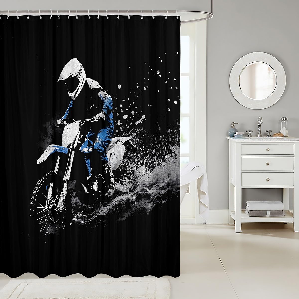 Feelyou Dirt Bike Shower Curtain 72"x84" Racing Themed Bath Curtain Waterproof Racing Motocross Rider Bathroom Shower Curtain Set for Kids Boys Girls Motorcycle Kids Bathroom Accessories Motorbike